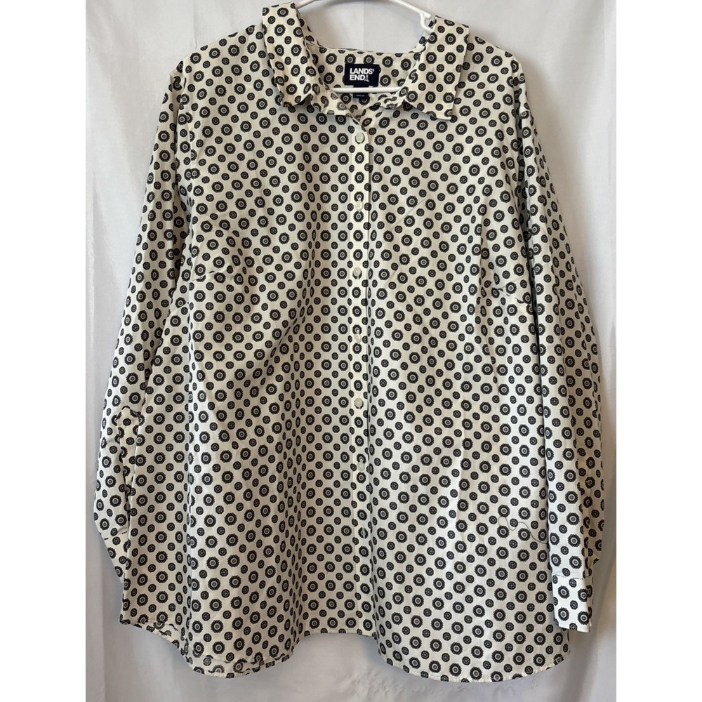 Lands' End Women's Button Down Blue & White Geo Print Long Sleeve No Iron 26W